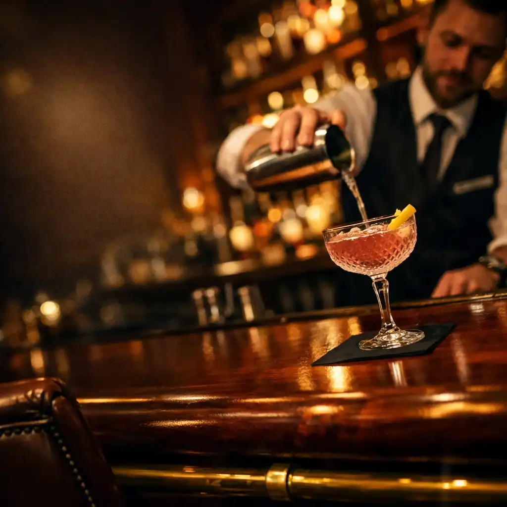 Zbliżenie na bar Veloriavy z mahoniowym blatem, mosiężnymi akcentami i barmanem przygotowującym koktajl